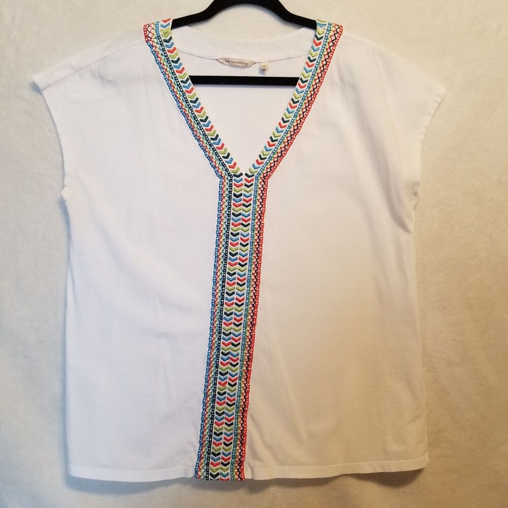 Soft Surroundings L Top White Embroidered Cotton Boho Festival Western Preppy